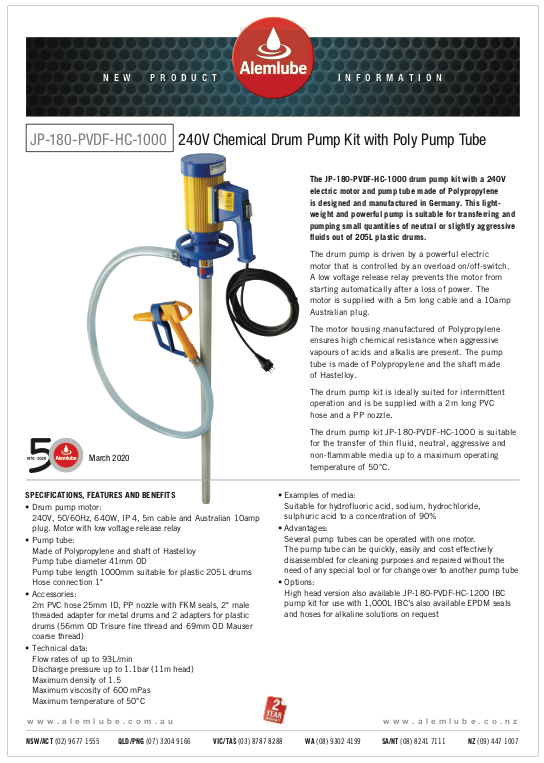 SAMOA Plastic Lever Pump with 2m Delivery Hose and Trisure Adapter